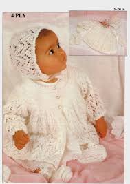 Free knitting patterns for preemie clothes: Baby 4 Ply Matinee Jacket Hat Bootees And Mittens 19 20 Etsy In 2021 Baby Knitting Free Baby Mittens Knitting Pattern Baby Knitting Patterns