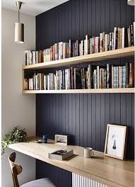 Dark Feature Wall With Natural Wood Shelving To Highlight Beadboard Panelling Masculine Home Offices Home Office Storage Home Office Space