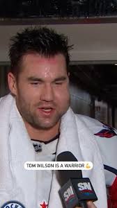 Tom Wilson chats with @shawnmckenzie89 after he scored two goals and took a  puck to the face in the Capitals win in Montreal. 🚨