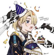 freminet (genshin impact), lynette (genshin impact), lyney (genshin  impact), pers (genshin impact), fire emblem, genshin impact, nintendo,  commentary, symbol-only commentary, 1boy, 1girl, 2boys, birthday, black  gloves, blue eyes, blush, confetti, dated ...