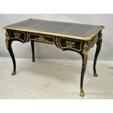Chesterfield style twin pedestal writing desk with green leather top, gold edging, and a key for the lockable drawers. French Louis Xv Black Lacquer Bronze Figural Ormolu Bureau Plat Writing Desk Chairish