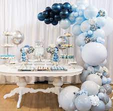 Blue Balloon Arch Over Food Table Party Balloons Fancy Baby Shower Baby Shower Decorations Party Balloons