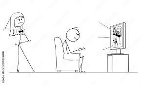 Vector cartoon stick figure drawing of man sitting in armchair and watching  porn or pornography on