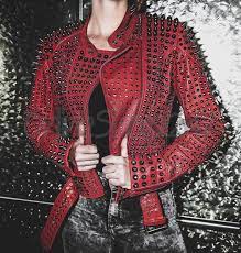 New Women Red Full Heavy Metal Black Spiked Tonal Studded Punk Leather Jacket Real Leather Jacket Leather Jacket Studded Leather Jacket