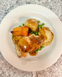 Roast Chicken 🍗 Served with: Roast Potatoes 🥔 Roast Pumpkin 🎃 Garden  Peas💚
