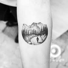  Amanda Piejak Circle Tattoosforearm Tattooswanderlust Tattooslandscape Coolgeometrictattos Circle Tattoos Hiking Tattoo Tattoos