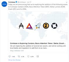Cardano does not seem to be stopping in recent days, after announcing the start of the new shelley upgrade. Will Coinbase Add Stellar Cardano Zcash Ox And Bat Steemit