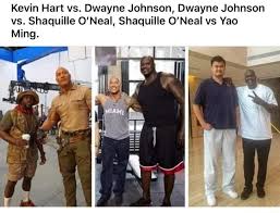 If they did a comparison with yao ming and kevin hart they could make a whole skit out of it. Kevin Hart Vs Dwayne Johnson Dwayne Johnson Vs Shaquille O Neal Shaquille O Neal Vs Yao Ming