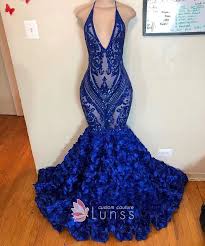 Black And Blue Prom Dress Royal Blue Sequin 3d V Neck Halter Trumpet Prom Gown Black Girl Prom Dresses Prom Dresses Blue Prom Dress Inspiration