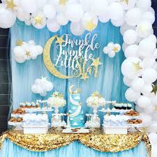 Find all the fun baby shower colors and matching party supplies, including baby shower balloons, paper napkins, paper lanterns and much more. Twinkle Little Star Baby Shower Party Ideas Photo 1 Of 10 Moon Baby Shower Baby Shower Dessert Table Boy Baby Shower Themes