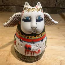 Laurel Burch Bella Casa Ceramic Angel Cat Tea Light Holder 6” for Ganz