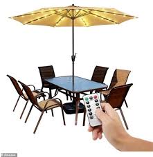 Black garden dining table with parasol holey cards. These Cheap Parasol Lights To Add Ambiance To Summer Gatherings Daily Mail Online