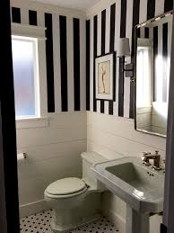 Black and white bathroom wallpaper. My Modern Vintage Powder Bathroom Black And White Stripe Wallpaper Ship Lap Walls Tea Green Striped Bathroom Walls Striped Wallpaper Bathroom Black Bathroom