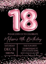 Bearbeitbare 18. Geburtstagseinladung, rosa und schwarze Einladung, rosa 18  Ballon, Glam, Glitter, bedruckbare oder Texteinladung