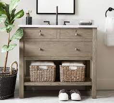 This airy vanity style is a designer favorite because it minimizes visual clutter, provides bathroom storage and creates an illusion of a larger space. Farmhouse 35 Single Sink Vanity Pottery Barn