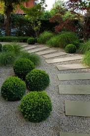 Simplicite Et Modernite Boules De Buis Et Graminees Sur Lit De Gravier Www Monjardin Materrasse Com Jardin Contemporain Deco Exterieur Jardin Idees Jardin
