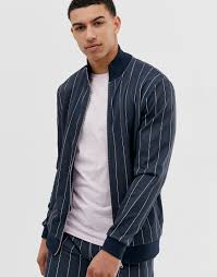 Asos Design Co Ord Poly Tricot Bomber Jacket In Navy Pinstripe 33 Asos Lookastic