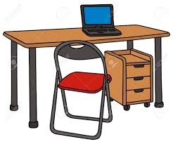 It features an accessory shelf atop a storage cabinet, a keyboard panel equipped with a safety stop, 2 drawers and a file cabinet. Hand Drawing Of A Desk And Chair Royalty Free Cliparts Vectors And Stock Illustration Image 25963437