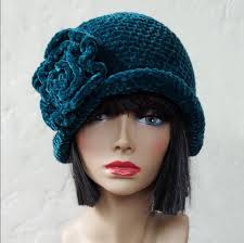 Emerald Green Velvet Crocheted Cloche Hat With Flower (small, Snug Fit)