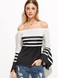 Black And White Striped Off The Shoulder Long Sleeve Top Shop Black And White Striped Off The Shoulder Bell Sleeve Blouse Online Shein Offers Black And White Stripe Women Shirts Blouse Black And White Blouse Fashion