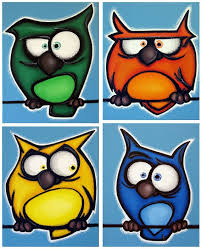 Angry Owls Free Shipping Set Of 4 8x10 Original Acrylic Paintings On Canvas Owl Art Owl Paintings Owl Art Owl Painting Canvas Painting