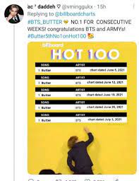 1 on the billboard hot 100 songs chart. Bts S Butter Continues To Lead Billboard Hot 100 For 5 Consecutive Weeks Gma Entertainment