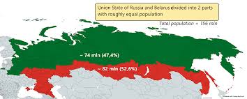 The climate features mild to cold winters, with average january minimum temperatures ranging from −4 °c (24.8 °f) in southwest (brest) to −8 °c (17.6 °f) in northeast (vitebsk), and cool and moist summers with an average temperature of 18 °c (64.4 °f). Union State Of Russia And Belarus Divided Into 2 Parts With Roughly Equal Population Mapporn