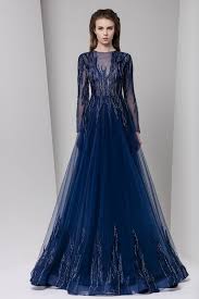 Long Sleeve Midnight Blue A Line Tulle Evening Dress With Cascading Silk Embroidery On A Sheer Bodice An Long Sleeve Evening Gowns Winter Dresses Evening Gowns