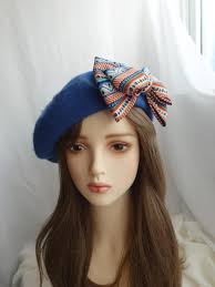 Blue Wool Beret With Boho Stripe Print Bow
