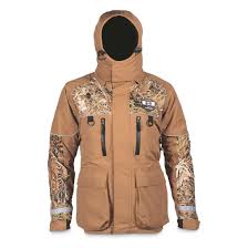 striker ice mens climate insulated waterproof ice fishing jacket with sureflote brown camo