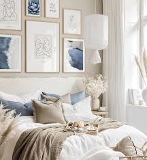 And a gallery can be added anywhere in the house, even in the bathroom! Modern Blue And Sandy Beige Gallery Wall Line Art Prints Beige Bedroom Ideas Gallery Wall Inspiration Posterstore Eu