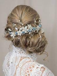 Silver Blue Pearl Bridal Hair Vine Floral Headpiece Something Blue For Brides Flower Crown Bohemian Boho Wedding Hair Pieces Bridal Hair Vine Silver Hair Vine