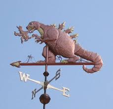The Godzilla Weathervane Was A Commissioned Piece Handmade Of Copper With Gold Leaf Detail This Mythological Weathervane I Weathervanes Godzilla Weather Vanes