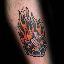 Camping Log Fire Traditional Inner Forearm Male Tattoo Designs Tattoo Designs Men Tattoos For Guys Camping Tattoo