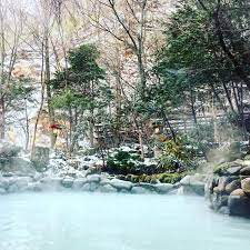 outdoor sulfur hot spring with a view of japanese garden and snow falling onto your shoulders japanese garden visit tokyo hot springs