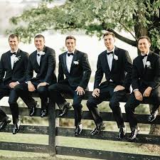Black And Burgundy Groomsmen Suits Groomsmen In Black Suits Black Bowties At Summer Wedding In Kentucky Kentuckywedding Summer Groomsmen Attire Black Black Groomsmen Suits Black Suit Wedding