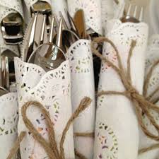 Paper Doilies And Twine A Simple Way To Bundle Buffet Silverware Paper Doilies Diy Wedding My Wedding