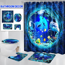 Buy online & pick up in stores all delivery options same day delivery include out of stock bath coordinate set bathroom hardware sets bathroom. 4pcs Set 3d Ocean Dolphin Pattern Waterproof Bathroom Curtains Shower Curtain Set Anti Skid Bath Mat Pedestal Rugs Toilet Cover Floor Lid Buy At A Low Prices On Joom E Commerce Platform