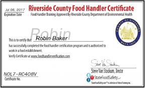 Certificates are transferable only to establishments with certified food safety managers; San Bernardino Food Handlers Card Test