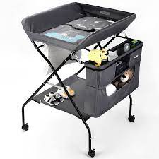 Amazon Com Rolling Baby Changing Table With Wheels Forstart Adjustable Height Folding Infant Diaper Station Portable Mobile Nursery Organizer With Newborn Lightweight Storage Rack Baby
