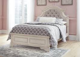Since this is my guest bedroom, i wanted to add a bench at the foot of the bed so my guests could set their bags/suitcases on it. Ashley B743 87 84 86 Realyn Collection Full Size Panel Bed With Carvede Details Distress Details Fabric Upholstered Headboard Bracket Legs And Button Tufted Details In Chipped White Discount Bandit