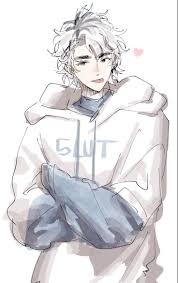 crush (cherry crush), cherry crush (webtoon), 1boy, black eyes, black hair,  closed mouth, crossed arms, disheveled, grey shirt, heart (symbol), long  sleeves, looking at viewer, male focus, medium hair, multicolored hair,  shirt,