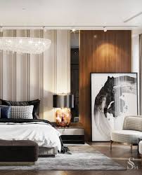 A Luxurious Master Bedroom With An Amazing Chandelier And A Leather Headboard Is Filled With Light And Ease Master Bathroom Is Divided Int V 2020 G Dizajn Doma Dizajn I Gorodskie Kvartiry