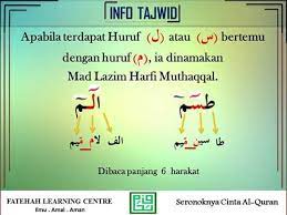 Jadi mad lazim musaqqal harfi adalah huruf yang wajib dibaca panjang (6 harakat/6 alif) dan diberatkan, karena ada mad pada fawatihussuwar yang diiringi dengan huruf berharokat tasydid, cara membacanya diberatkan sebab diidghamkan. Mad Lazim Harfi Muthaqqal Ar Ridho Learning Center Miri Facebook