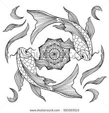 Black And White Koi Fish Tattoo With Flowers Chinese Koi Fishes Swimming Around Lotus Flower Hand Drawn Vector Illustration Black And White Line Art Coloring Book Koi Fish Colors Fish Drawings Koi Fish