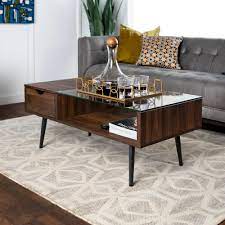 Crystal cove dark walnut glass top coffee table + 4 wedge shaped ottomans: Walker Edison Furniture Company Mid 42 In Dark Walnut Large Rectangle Glass Coffee Table With Drawers Hdf42jmgldw The Home Depot