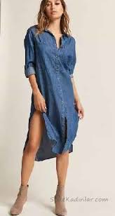 Gomlek Elbise Son Moda Sik Elbise Modelleri Mavi Kot Dizboyu Yandan Yirtmacli Kollari Katli Moda Stilleri Elbise Modelleri The Dress