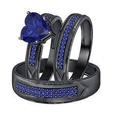 Blue Sapphire Trio Black Gold Finish Wedding Ring His And Her Matching Band Set Aonedesigns Wedding Ring Trio Pretty Engagement Rings Wedding Rings Engagement