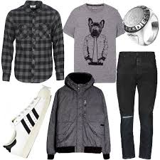 T Shirt Grigia Con Stampa Spiritosa Una Camicia A Scacchi Nera E Grigia Da Indossare Slacciata Sopra La Maglietta Jean Scarpe Adidas Outfit Camicia A Scacchi