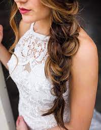We Are In Love With A Loose Soft Braid Adorning Our Morilee By Madeline Gardner Maybelle Gown The Contr Wedding Hair Side High Neck Dress Hair Wedding Braids